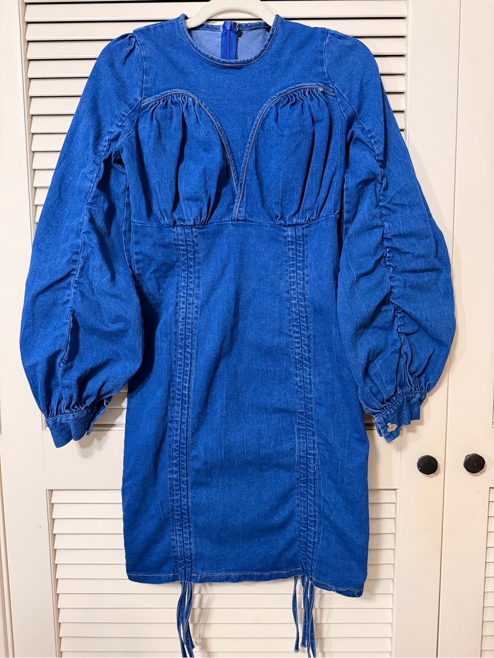 Blue Long-Sleeve Denim Dress with Puff Sleeves - Size Small